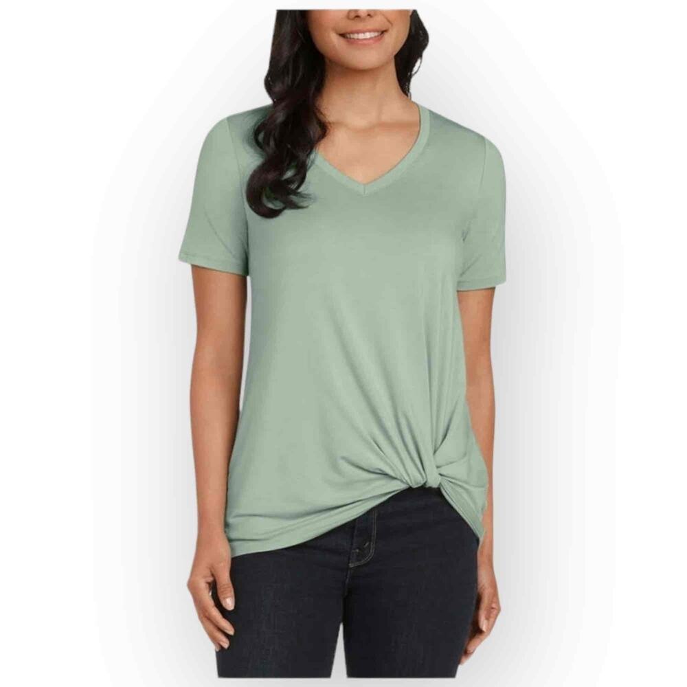 NWT Matty M Light Olive Striped Twist Knot V-Neck Top Women's Size Small